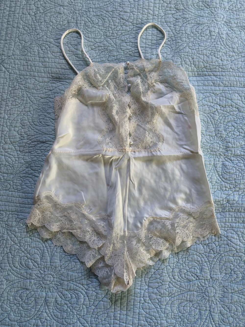 Vintage Ivory Lace-Trim Satin Romper